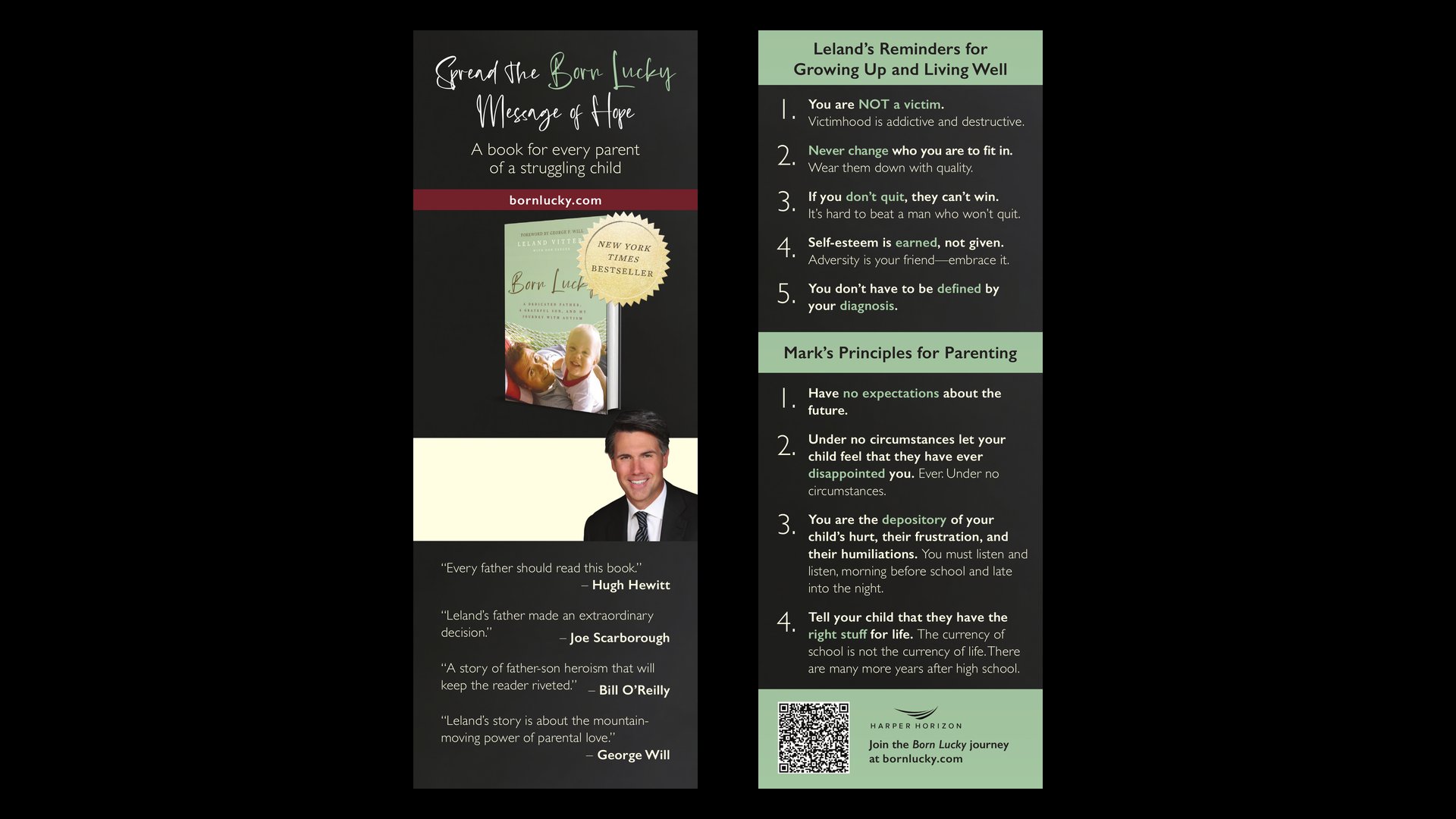 Born Lucky bookmark — front shows book cover, quotes, and bornlucky.com; back shows Leland's Reminders for Growing Up and Mark's Principles for Parenting